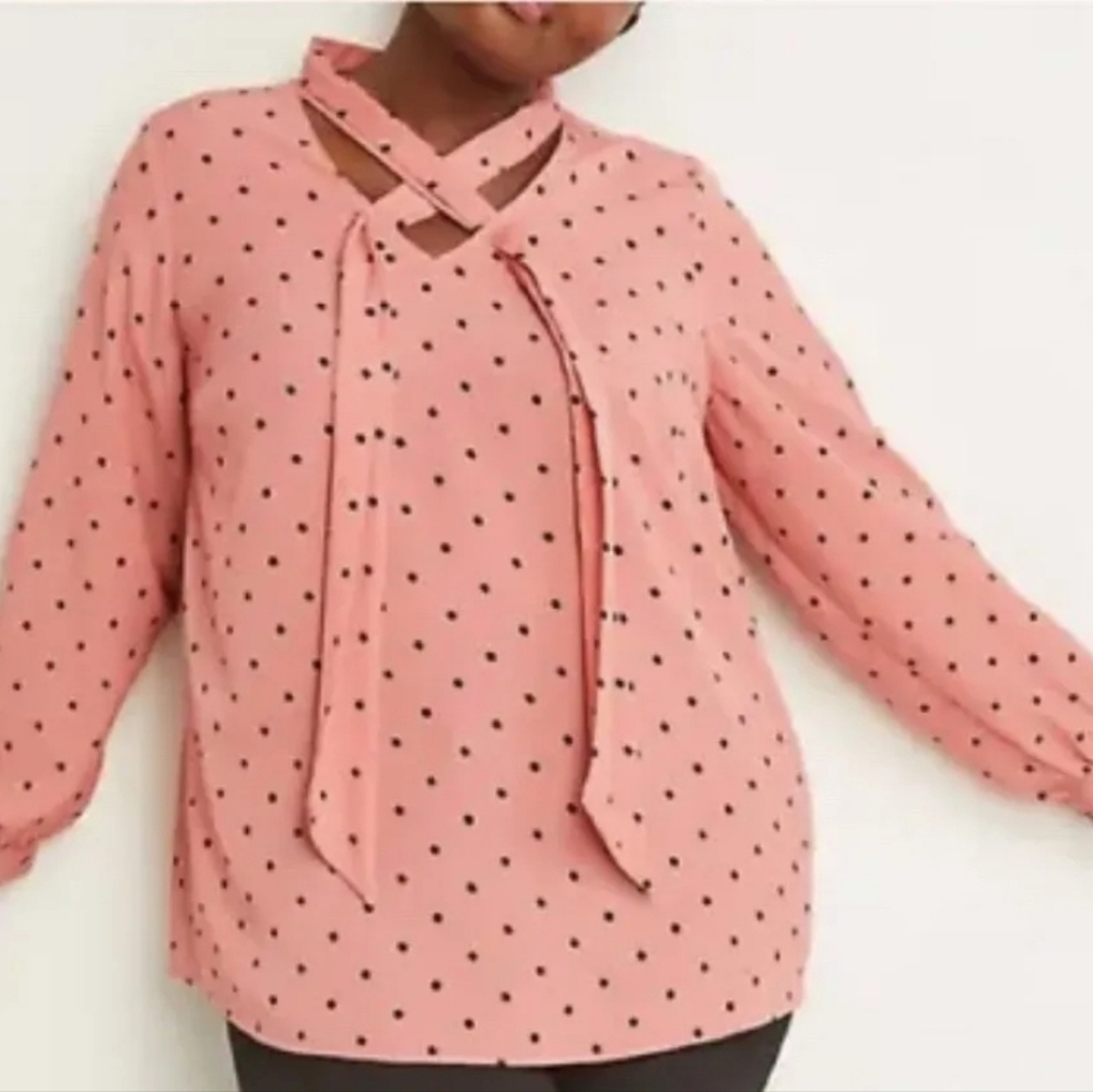 Lane Bryant Pink Polka Dot Tie Neck Blouse Black Dot Long Sleeve Top 14/16 - Picture 2 of 7